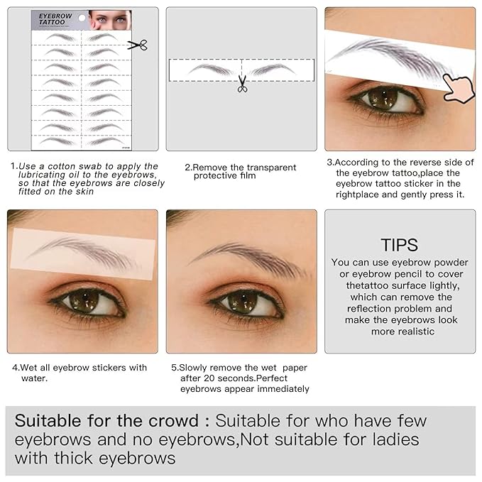 Black Eyebrows Tattoo 6 Sheets, Hair-like Popular Fake Eyebrows Waterproof Long-lasting 3-5 days 4D Realistic Makeup Tattoo, Eyebrow Transfer Sticker for Women Girls