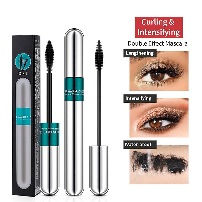 Waterproof Double-end 4D Curling Mascara - 2-in-1 Volumizing & Lengthening, No Clumping, Long-Lasting Smudge Proof Black Makeup with Liquid Lash Extensions