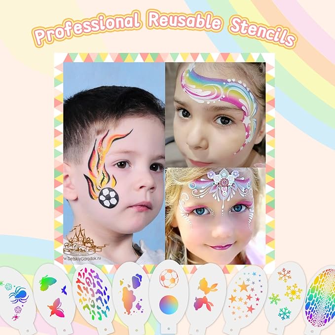 Professional Face Painting Kit for Kids,12X10gm Washable Rainbow Cake Face Paint with Stencil & Brushes,Hypoallergenic Safe & Non-Toxic,Gift for Birthday Parties/Halloween/Carnival