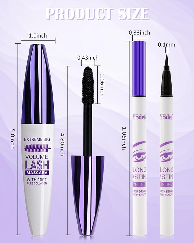 White Mascara Liquid Eyeliner Set,5D Waterproof Fiber Colored Mascara Volume and Length,Longlasting Smudgeproof Color Eye Liner Pen,Cosplay Party Stage Use,Halloween Makeup Gift Kit for Women Girl