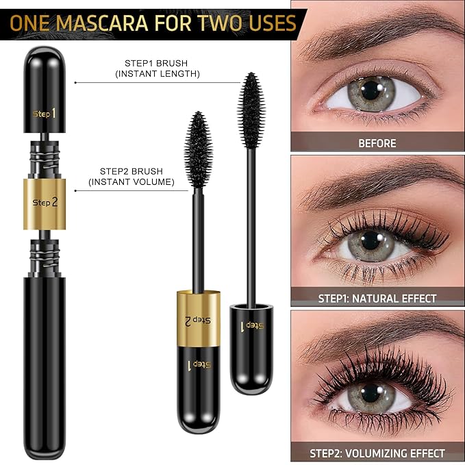 Mascara Black Volume and Length & Microblading Eyebrow Pen Dark Brown, 4D Silk Fiber Mascara Natural and False Effect, Waterproof Hair Like Natural Liquid Eyebrow Pencil