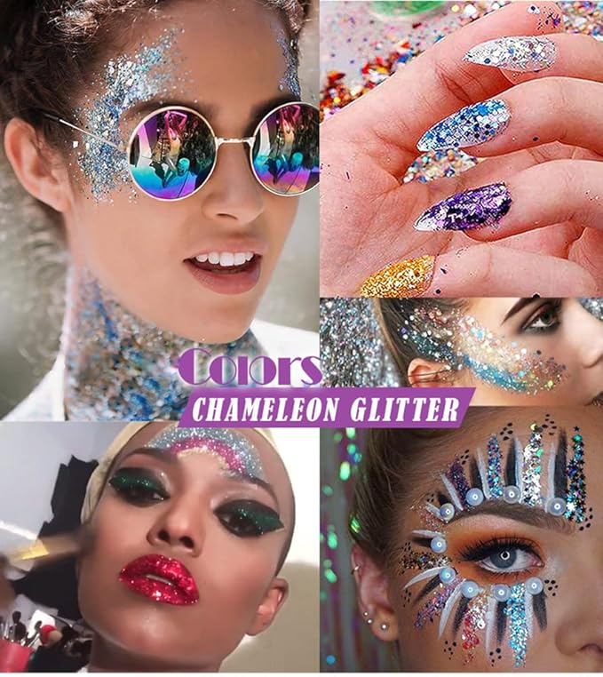 GL-Turelifes Mermaid Chunky Glitter Gel Chameleon Glitter Body Gel Festival Glitter Cosmetic for Face Body Hair Nails Makeup Scale Polarized Sequins Glitter Eyeshadow 30ml (#16 Silver Purple)