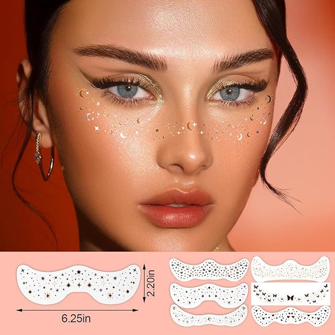 6pcs Gold Face Makeup Patches, Glitter Face Freckles,Waterproof Face Glitter Speckles Patches,Sliver Fake Freckle for Party Makeup