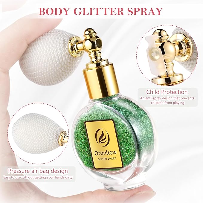 Green Body Glitter Spray - Holographic Shimmer Spray Powder Sparkle for Hair and Body, Face, Clothes, Nail Art Crafts Design, Halloween and Easter Festival Makeup