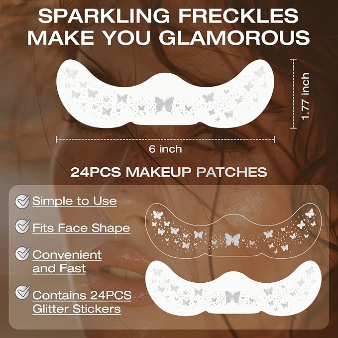 24 Pcs Glitter Freckles Face Tattoo,Silver Face Glitter Makeup Patches Cute Sparkle Freckles Patches Waterproof Makeup Speckles for Face Accessories for Women Girls