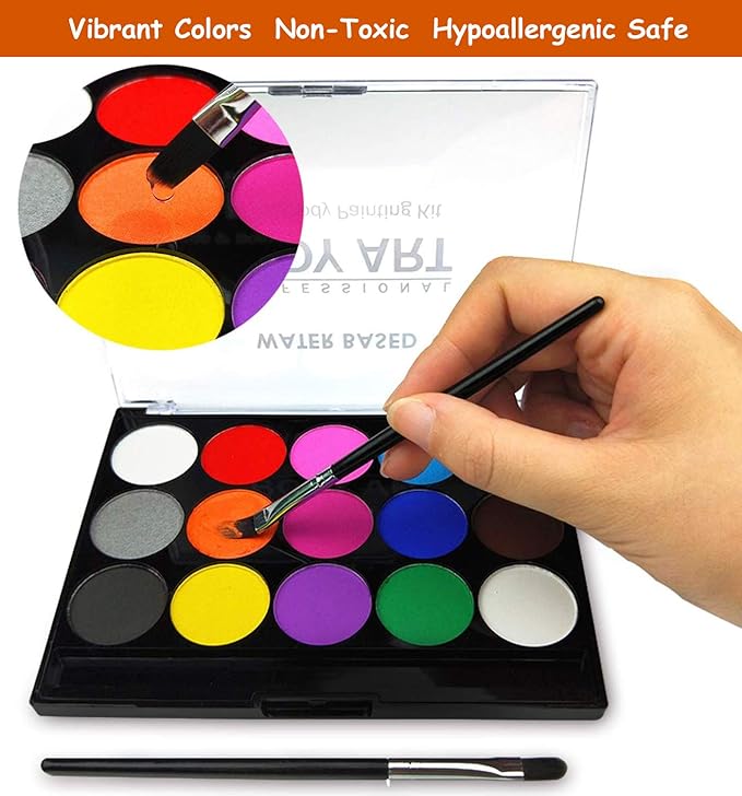 Face Paint Kit for Kids Adults, Professional Black White Paint Face Body Painting, 15 Colors with 2 Paint Brushes 32 Stencils, Hypoallergenic Safe Non-Toxic, Ideal Halloween Party Festivals Costumes