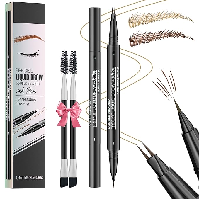 Eyebrow Pencil Brow Pen - 2-Pack 2-IN-1 Dual-Ended Eye Brow Pencils 2-Fork-Tip Microblading Eyebrow Pen for Women Waterproof Eyebrow Pen with Brow Brushes Light Brown & Brown