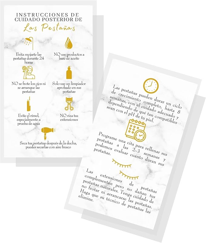 Spanish Lash Aftercare Instructions | 50pk | Cuidado Posterior de la Extensión de Pestañas | 2 x 3.5” inch Card for clients | Eyelash Extension Supplies marble gold beautiful, 2-3 week refills fillers