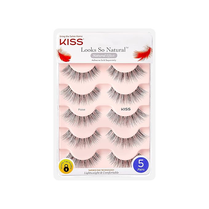 KISS Looks So Natural False Eyelashes Multipack, Lightweight & Comfortable, Tapered End Technology, Reusable, Cruelty-Free, Contact Lens Friendly, Style 'Poise', 5 Pairs Fake Eyelashes
