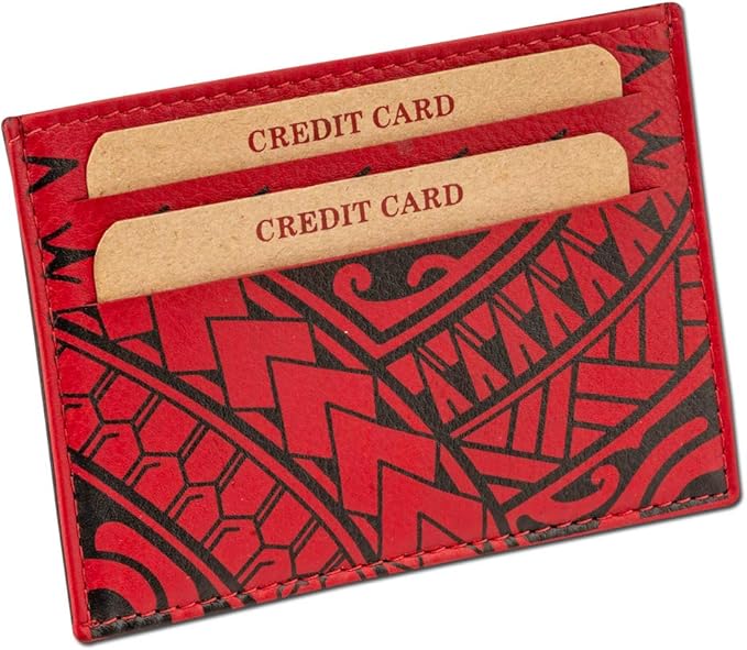 Polynesian Tattoo Leather Credit Card Holder Super Slim Wallet "Hiku" with Tribal Tattoo art by Eugene Ta’ase (Red) from NAKOA