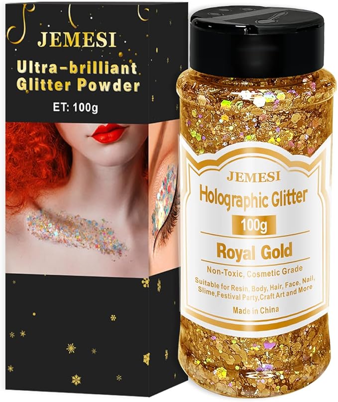 Holographic Chunky Glitter, 100g Royal Gold Cosmetic Craft Glitter for Epoxy Resin, Nail Sequins Iridescent Flakes, Body, Face, Hair, Nail, Glitter Slime Making