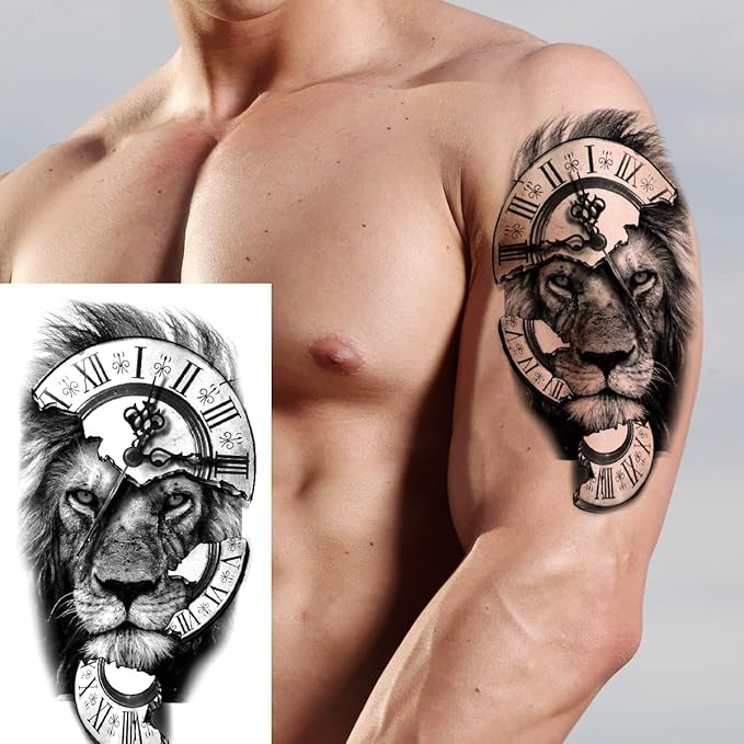 Lion Tattoos 4-Sheet Full Sleeve and 4-Sheet Half Sleeve Sticker Makeup Props for Men, Women & Kids