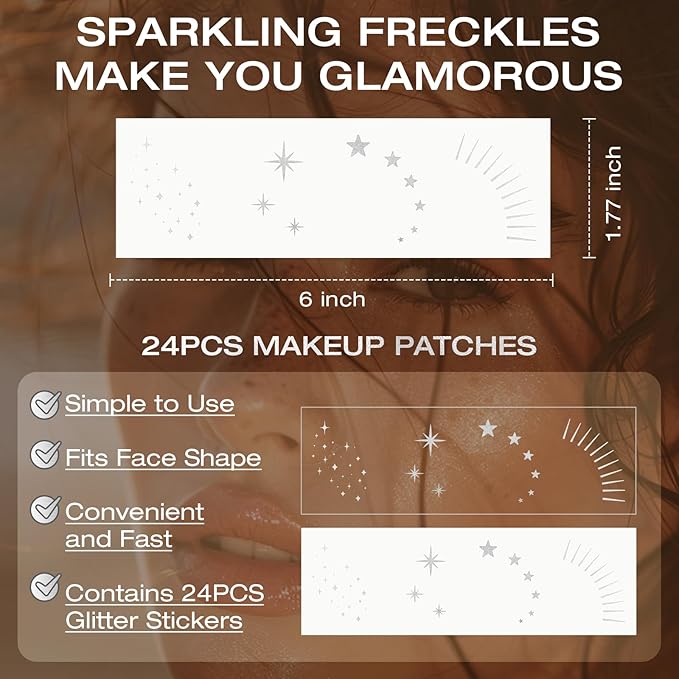 24 Pcs Glitter Freckles Face Tattoo,Silver Face Glitter Makeup Patches Cute Sparkle Freckles Patches Waterproof Makeup Speckles for Face Accessories for Women Girls
