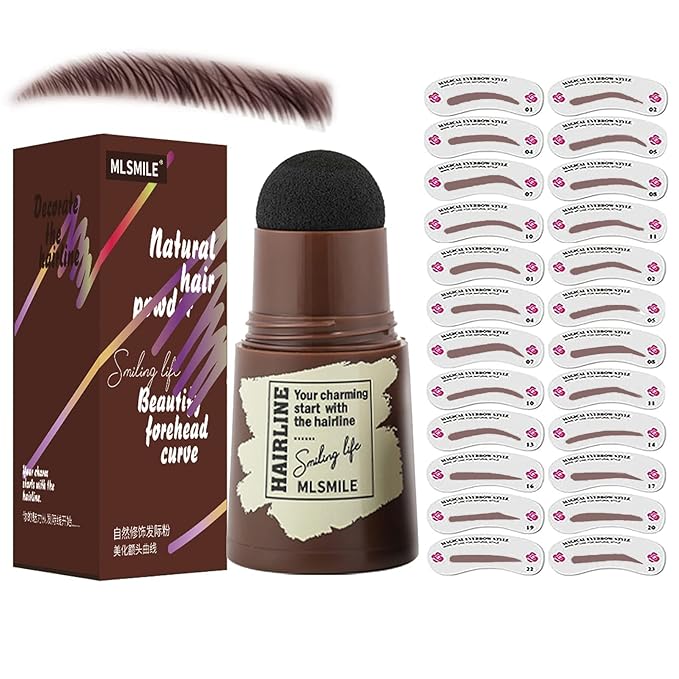 Eyebrow Stamp Stencil Kit,One Step Brow Stamp Shaping Kit, 3 in 1 Hairline Shadow Powder with 24 Reusable Eyebrow Stencils Hair Root Dark Brown