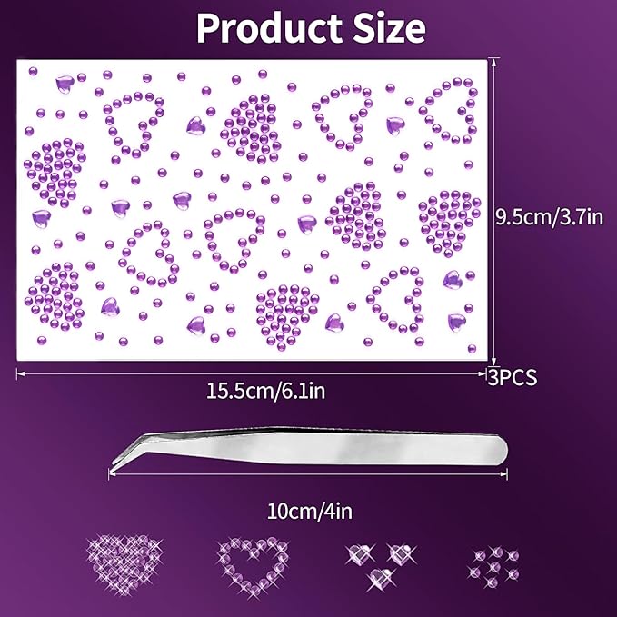 3 Sheets Rhinestone Stickers Self Adhesive Heart Rhinestones Gems for Face Eyes Makeup Hair Body for Valentine Festival Decal Decor(Purple)