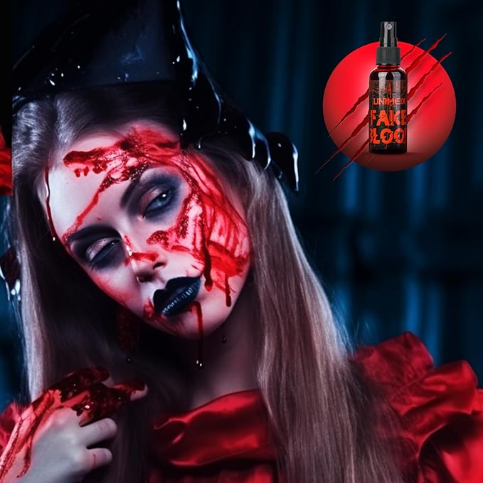 UNIMEIX 1 OZ Fake Blood Spray and 1 OZ Gel Fake Blood Makeup Kit Washable Sfx Makeup for Clothes Mouth Eyes,Stage Blood for Halloween Zombie Vampire Cosplay Party