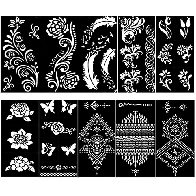 10 Sheets Henna Tattoo Stencil Kit Temporary Tattoo Stencils Arabian Tattoo Stickers for Face Paint Body Art, Reusable Templates 3 Layer Membrane