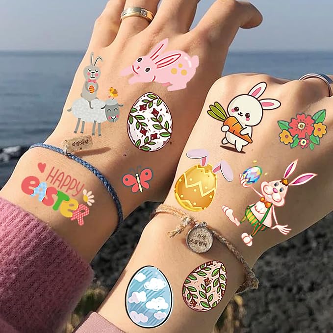 10 Sheets Happy Easter Temporary Tattoos For Kids Boys Girls Easter Basket Stuffers Party Decoration, Funny Bunny Eggs Fake Tattoo Sticker Easter Accessories Supplies Goodie Bag Fillers Children Gifts