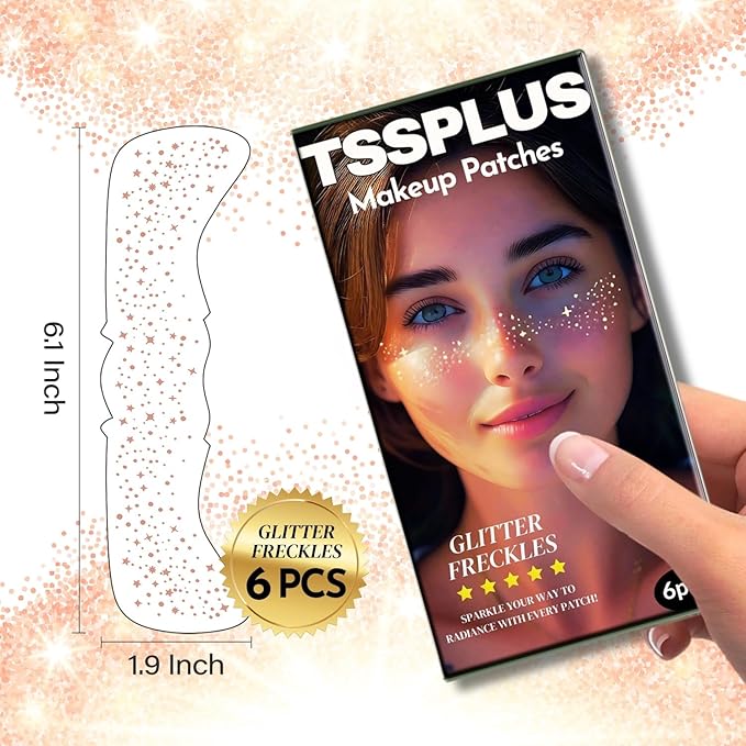 Glitter Freckles Face Tattoo - 6PCS Rose Gold Glitter Freckle Tattoos for Women, Sparkle Freckles for Face, Fake Freckles Glitter Makeup, Freckle Stickers for Face & Body (Rose Gold)