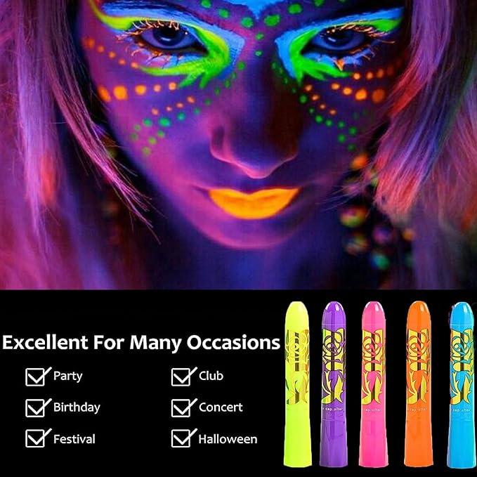 12 Pieces Glow In The UV Light Body & Face Paint,Glow In The Black Light Face Painting Kits Makeup for Adult Glow Party Supplies