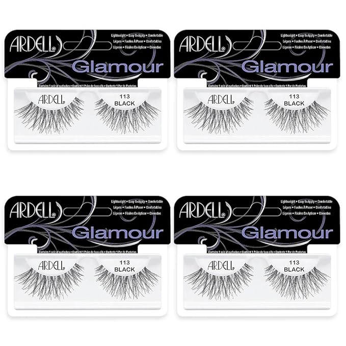 Ardell Glamour False Eyelashes 113 - Black, Dramatic Volume Strip Lashes, Lightweight & Reusable, 4 Pack