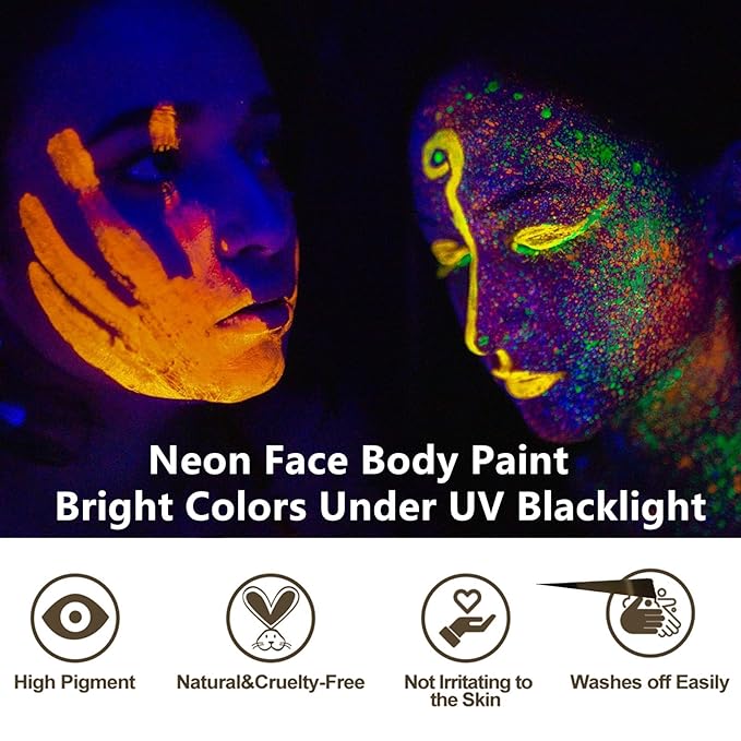 Go Ho UV Blacklight Neon Gold Face Body Paint,Water Based Bright Color Neon Fluorescent Body Paint with Cushion Applicator,Glow In The Dark Under UV Lighting Party Halloween Makeup Washable