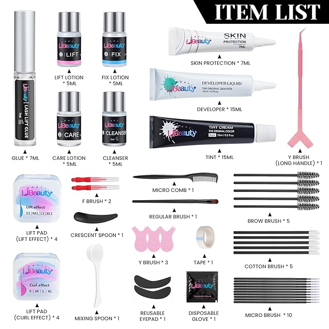 Libeauty Lash Lift and Color Kit with 15ml Black Set, 4-in-1 Professional Eyelash & Eyebrow Perm DIY Kit, Quick Curling Coloring & Eyebrow Lamination, Complete Tools for Home & Salon Use