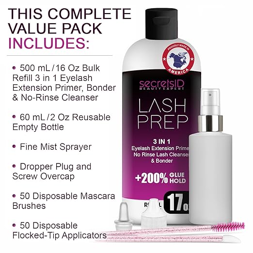 3 in 1 Eyelash Extension Primer Bulk 16 Oz - No Rinse Lash Cleanser and Bonder - Made in America Kit with 100 Wands for Lash Technicians and Brow Stylists for Optimal Retention - Fragrance Free