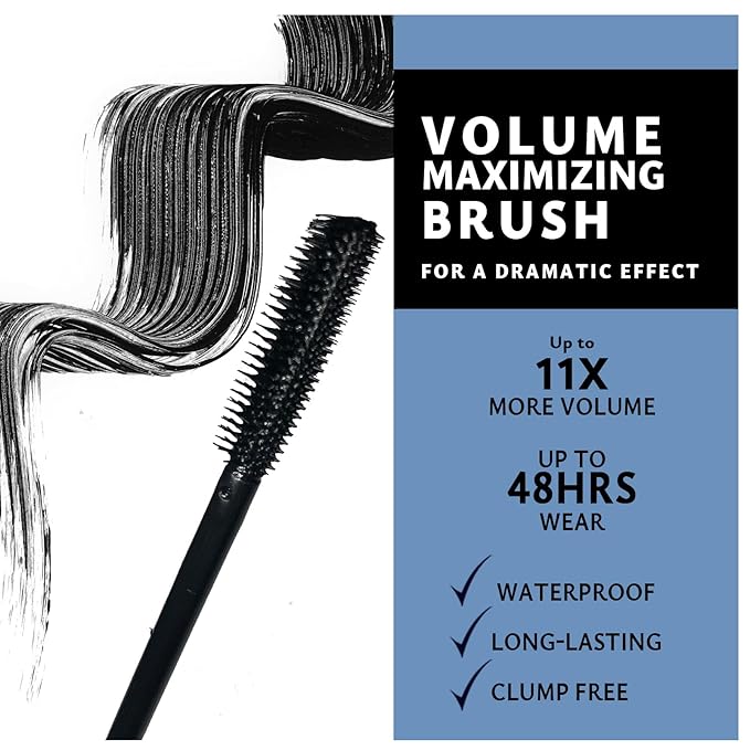 Ultra Voluminizing Intense Effect, Black Mascara for Extra-Volume, Waterproof & Long Lasting Formula, Clump Resistant Wand, 11X More Volume, Up to 48 Hrs Long Wear, Paraben Free. 1 Count