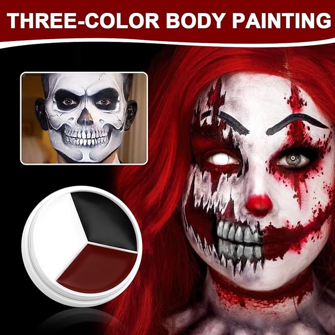 Black White Red Clown Face Paint Makeup, DE'LANCI Halloween Makeup Kit Professional White Black Body Paint, Waterproof Joker Sfx Pennywise Face Paint Zombie Vampire Skeleton Costume