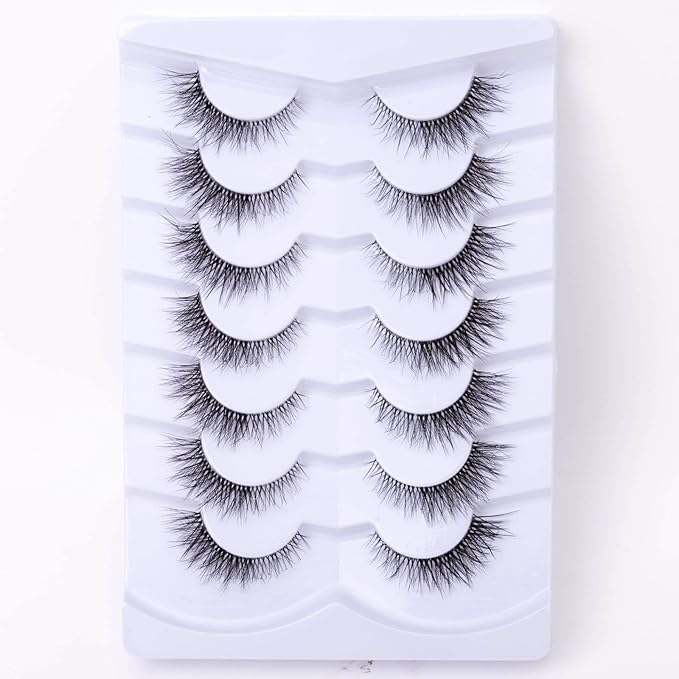 Fake Eyelashes 8mm Wispy Natural Lashes Fluffy Clear Band Cat Eye False Eyelashes Short - 7 Pairs, ZT95