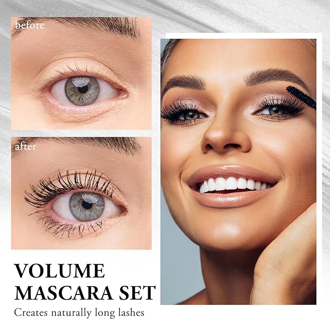 Waterproof Mascara, Black Volume and Length Lashes, Long Lasting No-Smudging Curl Mascara, Thick Mascara with Eye Makeup Aid Tool, False Lash Effect