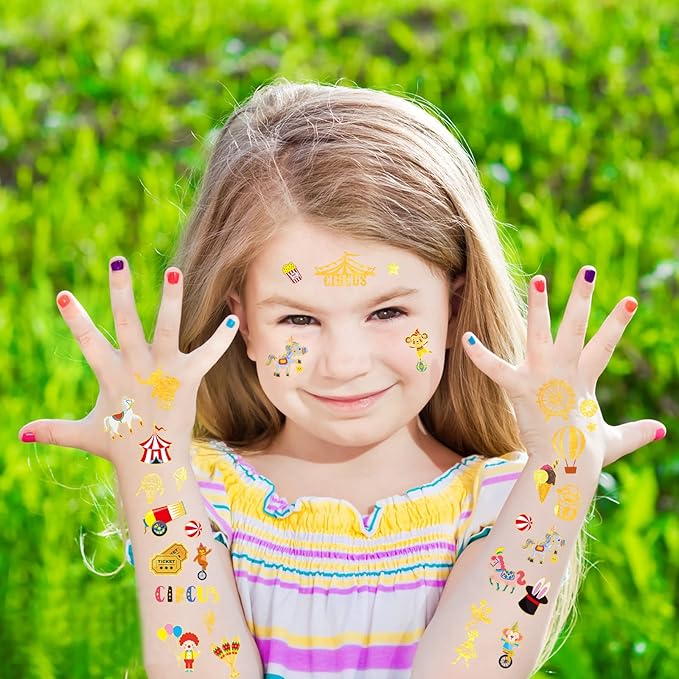 Glitter Circus Carnival Temporary Tattoo Stickers 360 Count Gold Red White Party Favors Goodie Bags Decor Waterpoof Fake Tattoos Art Craft for Kids Circus Carnival Birthday Supplies Gifts