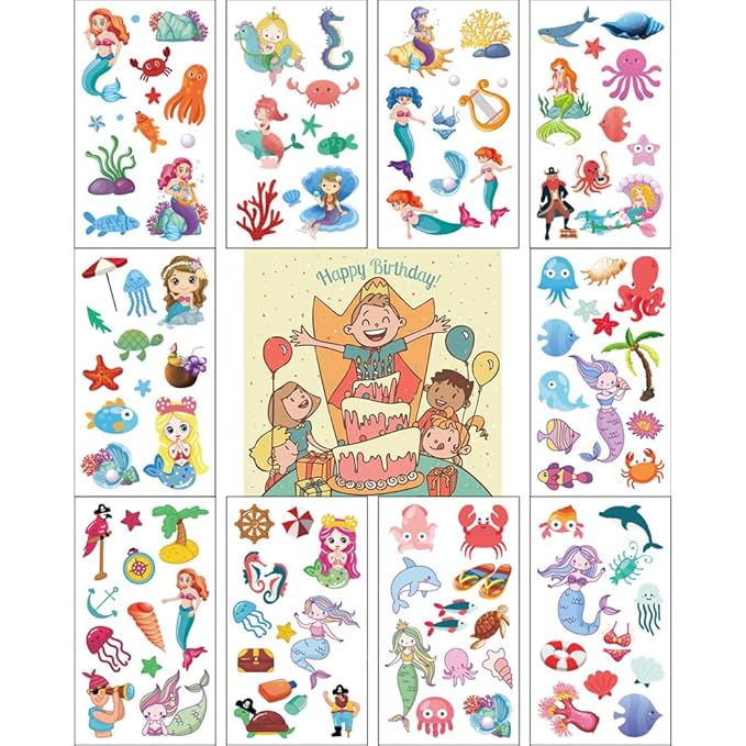 (Pack of 10 Sheets) Mermaid Waterproof Temporary Tattoo Stickers for Kids Boys and Girls, Party Favors Decorations