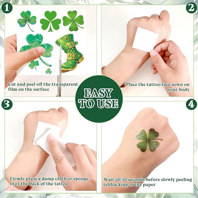 St. Patrick's Day Shamrock Decorations Temporary Tattoos & Face Stickers, Waterproof Saint Patrick's Day Clover Tattoos Art Make up Deco Irish Party Favors
