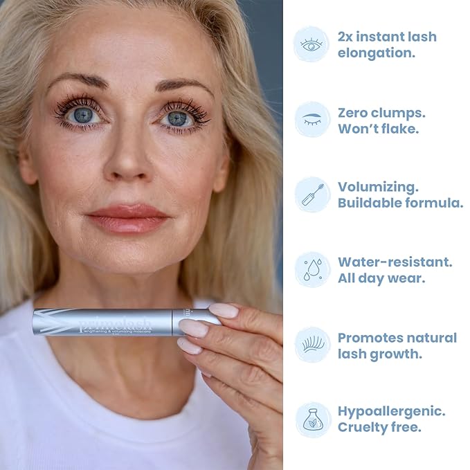PrimeLash Mascara for Older Women – Volumizing, Incredible Length in 2 Coats – Long-Stay, Zero Clumps, Hypoallergenic (Blue)