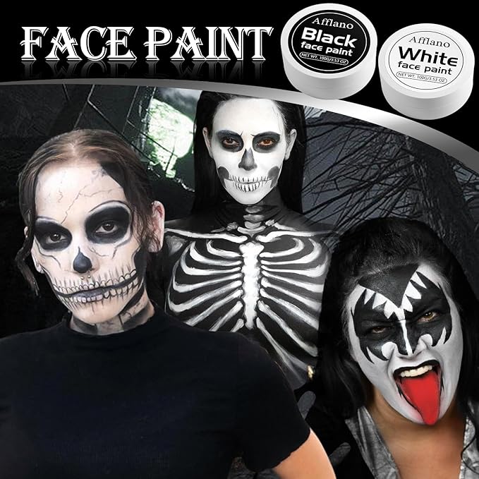 Black and White Face Paint 6pcs Halloween Makeup Kit, Professional Oil-Based Full Coverage Cream, Non-Toxic, Easy to Remove, Long-Lasting, High-Pigment, Face & Body Painting Kits for Cosplay, Stage