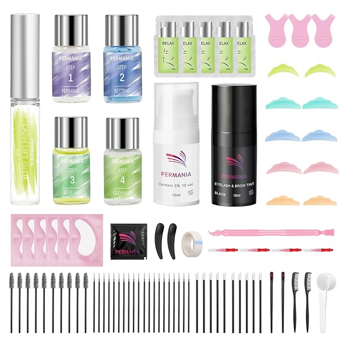 PERMANIA Lash Lift Kit, Salon Grade Supplies for Eyelash Lift and Brow Lamination Black Color 4 in 1 Fast Quick Curling & Coloring 10 ml Natural Result Hair Color Developers