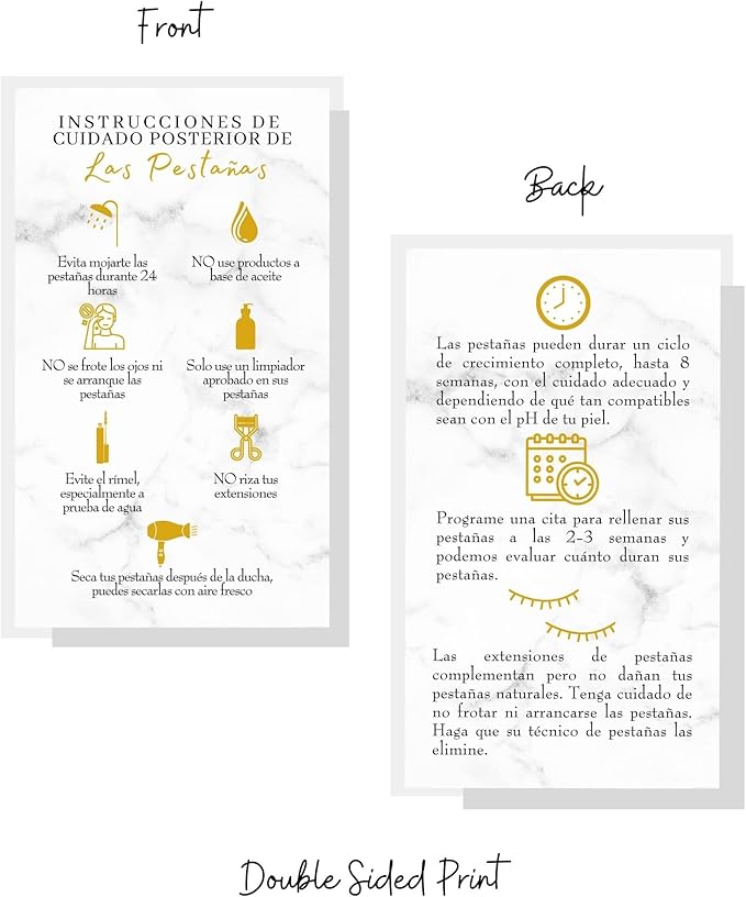 Spanish Lash Aftercare Instructions | 50pk | Cuidado Posterior de la Extensión de Pestañas | 2 x 3.5” inch Card for clients | Eyelash Extension Supplies marble gold beautiful, 2-3 week refills fillers
