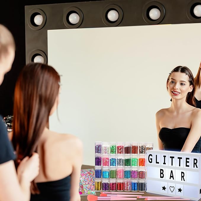 Maxdot The Glitter Bar Kit for Women Cinema Lightbox with Letters and Numbers 32 Colors Glitter Gem Stickers 2774pcs Gem Stickers Brushes for Girls Make Up Wedding Birthday Hen Holiday Party Gifts
