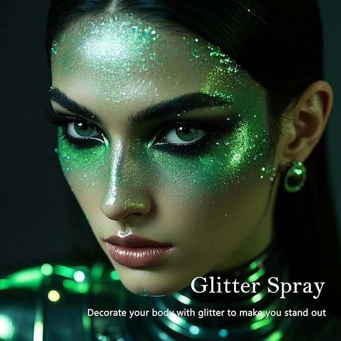 Green Body Glitter Spray - Holographic Shimmer Spray Powder Sparkle for Hair and Body, Face, Clothes, Nail Art Crafts Design, Halloween and Easter Festival Makeup