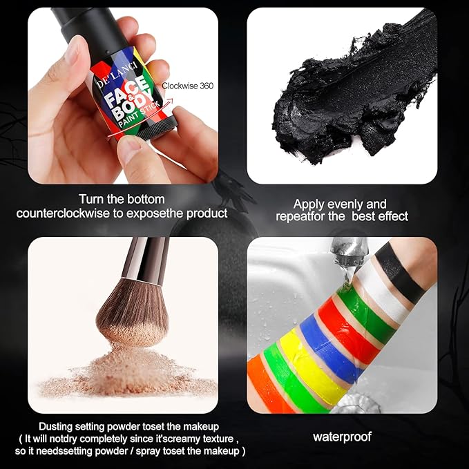 Black Face Body Paint Stick Makeup, Cream Blendable Painting Sticks, Halloween Make up SFX Special Effects Clown Zombie Vampire Skeleton Cosplay Costume Parties Football Face Body Paints, Black