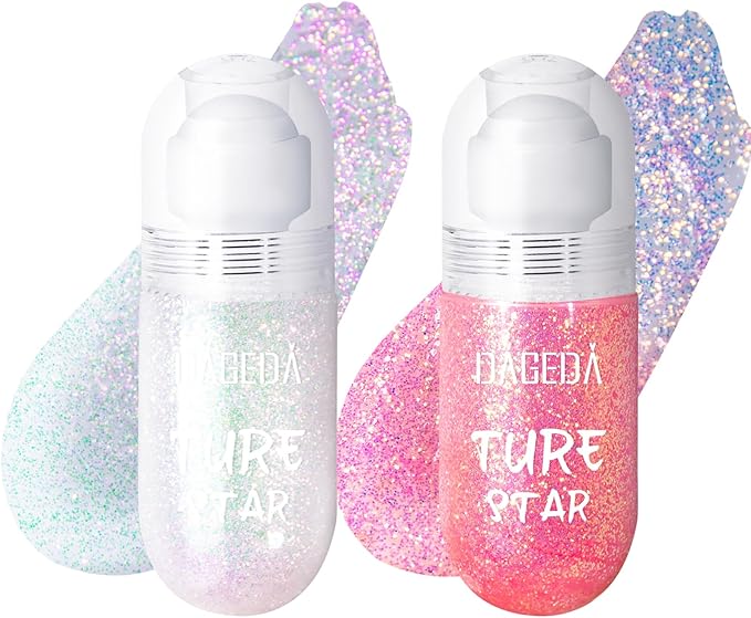 DAGEDA 2Colors Roll-on Body Glitter Gel for Body, Hair, Face, Holographic Glitter Makeup for Rave Accessories, Body Shimmer Hair Glitter Gel for Halloween Makeup(Sparkling Pink+Pink)