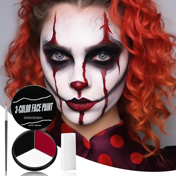 Clear Liquid Latex + White Red Face Paint + 3PC Sponge + Brush Set for Halloween Costume, Zombie Makeup, SFX Special Effect Make Up
