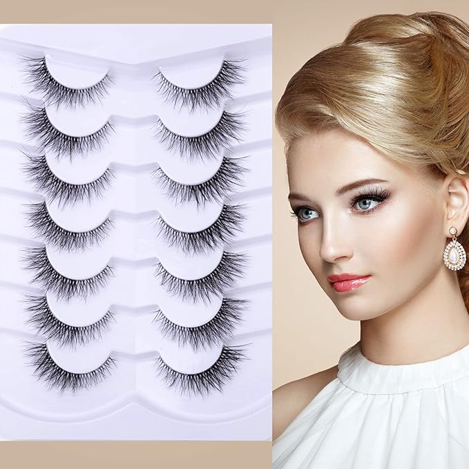 Fake Eyelashes 8mm Wispy Natural Lashes Fluffy Clear Band Cat Eye False Eyelashes Short - 7 Pairs, ZT95