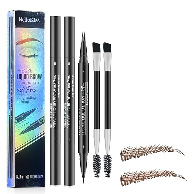 2PCS Hello Kiss Curved Eyebrow Pen, Hello Kiss Microblading Eyebrow Pencil (02#BROWN+03#DARK BROWN)