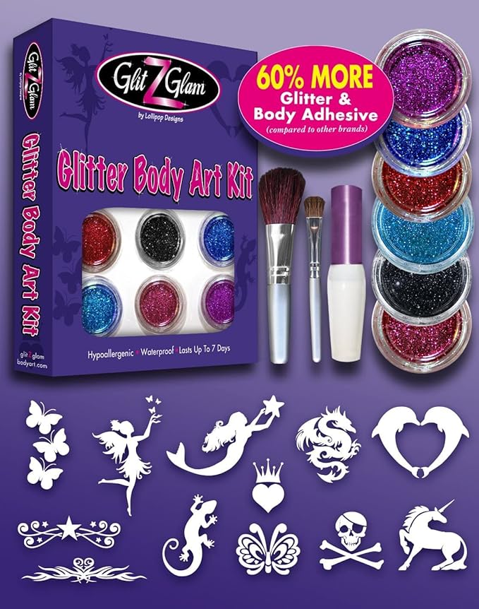 Glitter Tattoo Kit- NEW GLITZ and Lil Divas- with 6 Large Glitters & 12 Stencils - HYPOALLERGENIC and DERMATOLOGIST TESTED! - for boys & Girls. Children Tattoos by GlitZGlam Body Art