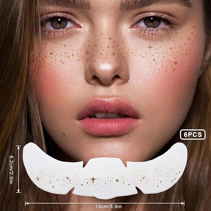 6 PCS Gold Freckles Temporary Face Tattoo, Gold Face Glitter Makeup Patches, Sweatproof Waterproof Face Freckles Accessories for Women Girls