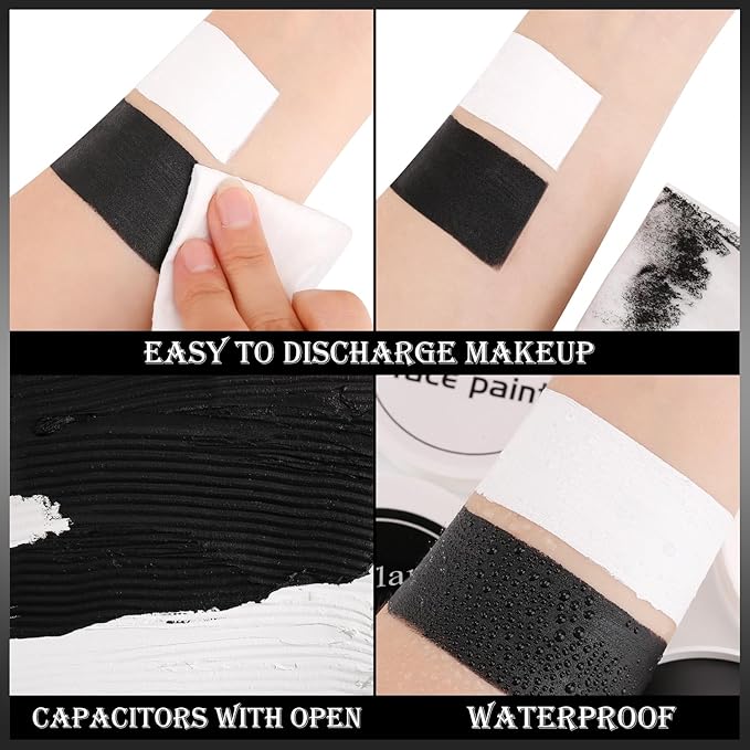 Black and White Face Paint 6pcs Halloween Makeup Kit, Professional Oil-Based Full Coverage Cream, Non-Toxic, Easy to Remove, Long-Lasting, High-Pigment, Face & Body Painting Kits for Cosplay, Stage