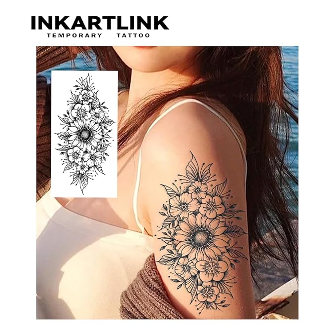 Tattoo Tech, 2 Sheets Extra-Large Semi Permanent Tattoo, Adult Art Design Temporary Tattoos, Lasts 1-2 Weeks, Waterproof, Realistic Look, No Adhesive, No Reflection (Flower Design)